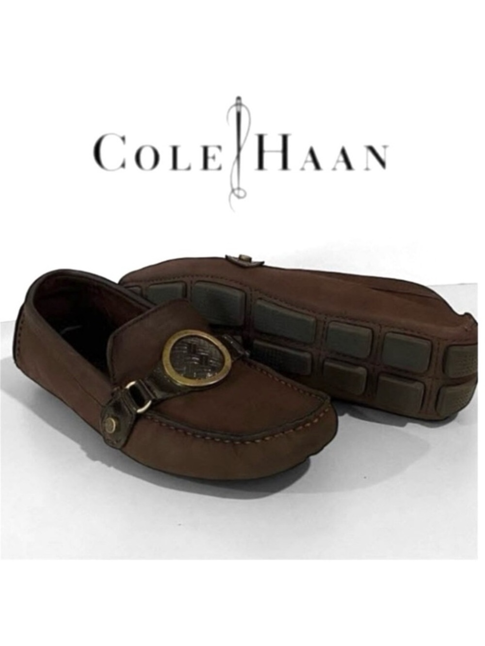 Cole Haan Brown Suede Leather Loafers Gold Equestrian Buckle 6.5 preppy chic